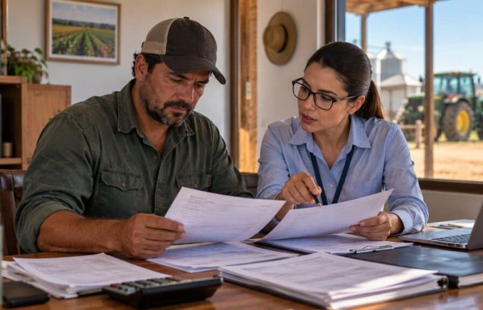 Produtor rural e consultora analisam documentos sobre a malha fina imposto de renda.